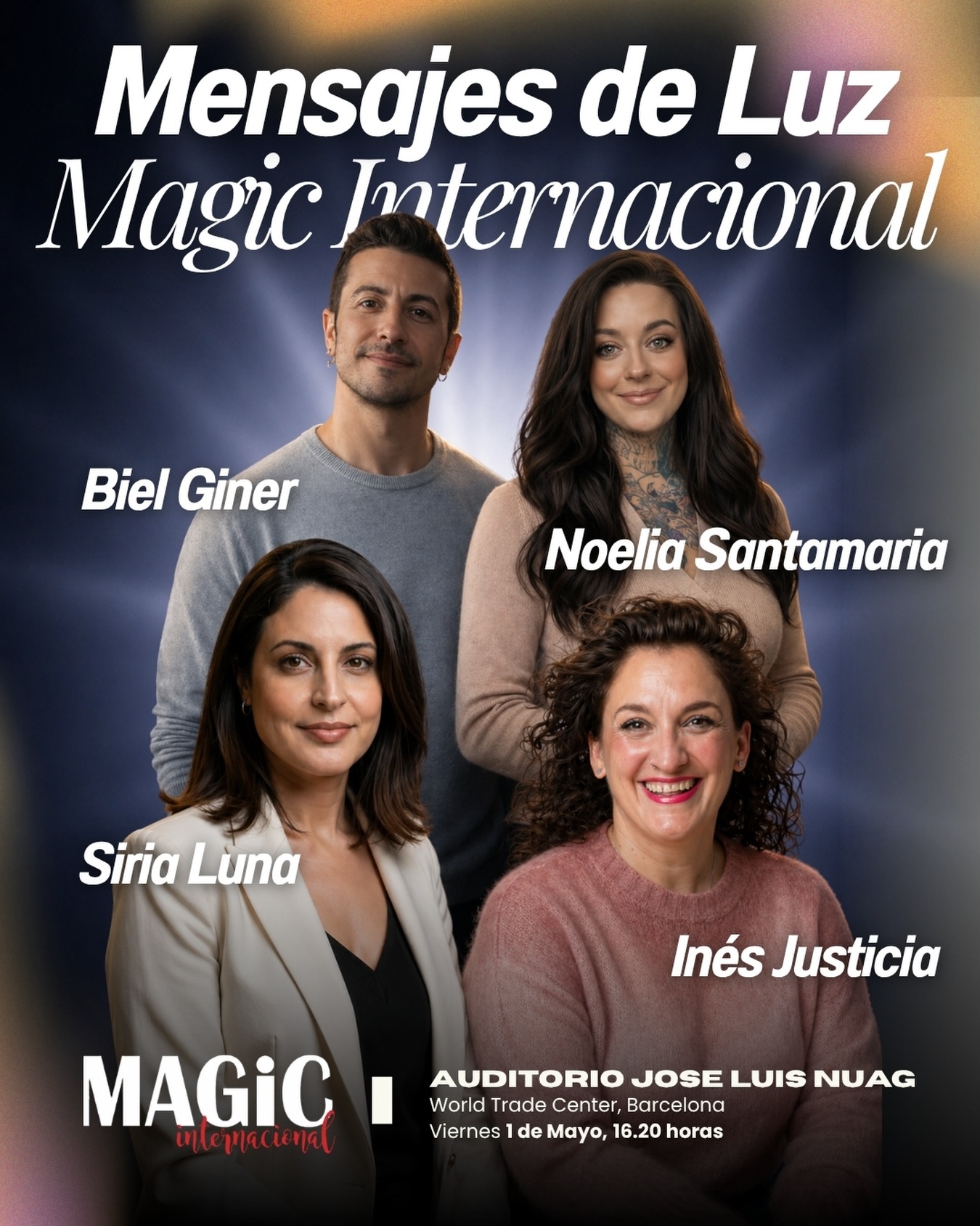 ✨ Este viernes 1 de mayo, mi alma me lleva a #Barcelona, al Magic Internacional (@magicinternacional) ✨ 

Tendré el honor de participar en el Magic Internacional en la ponencia “Mensajes de Luz”, un espacio creado para abrir el corazón, elevar la energía y compartir aquello que no siempre se ve, pero sí se siente 💫 

Estaré acompañada de grandes almas: Biel Giner (@bielginer_medium.vidente), Siria Luna (@sirialuna.medium) y Noelia Santamaría (@noeliasantamariaoficial), con quienes será un verdadero regalo coincidir. ¡Tenemos muchas ganas de veros a todas! 

Si sientes la llamada… allí nos encontraremos 🤍