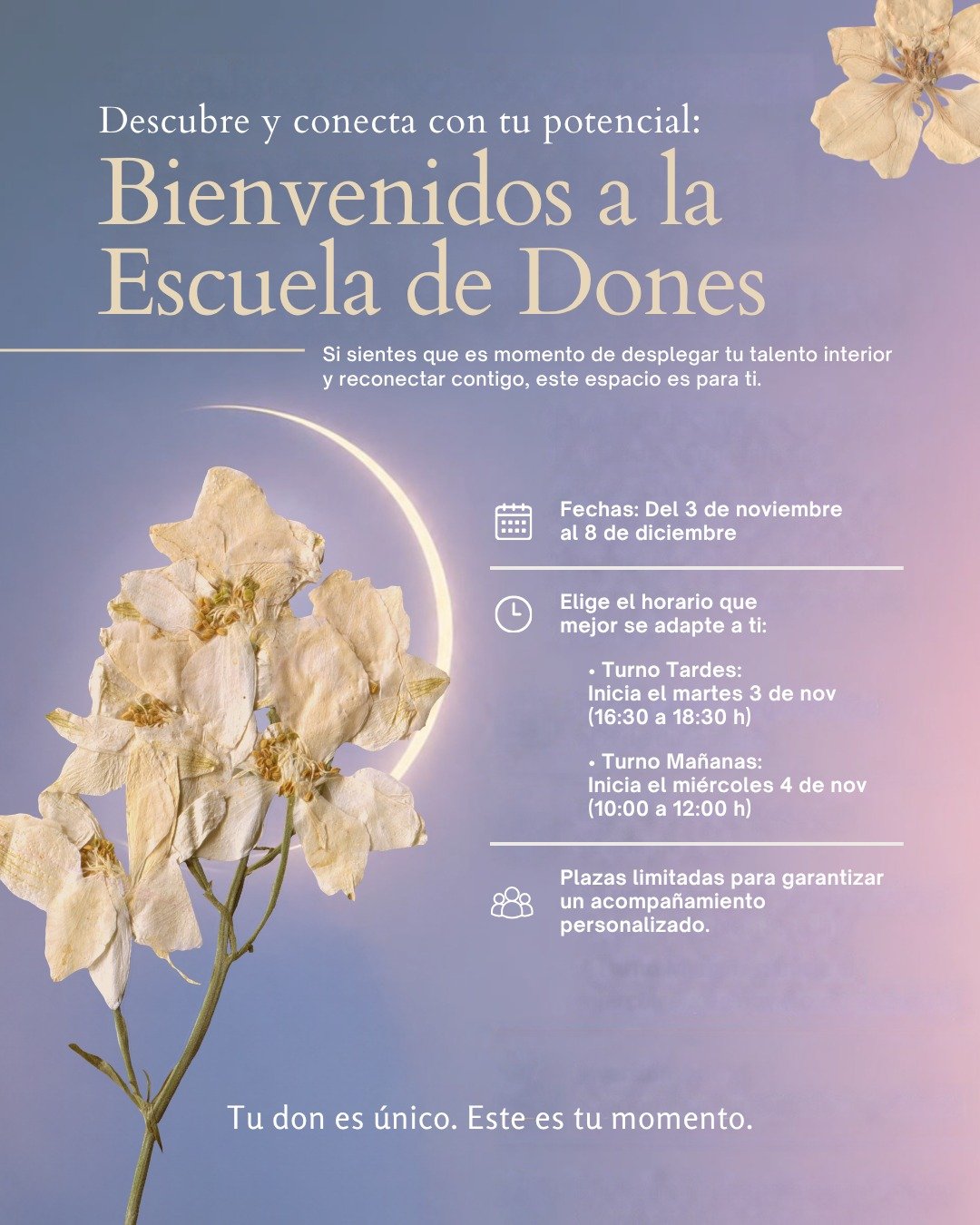 ¿Alguna vez has sentido que tienes una chispa interior, un talento esperando ser descubierto? 🕯️ En Alma de Canela creemos que todos nacemos con dones únicos, y ha llegado el momento de que el tuyo brille.Te invitamos a un viaje de autodescubrimiento y conexión profunda. Nuestra 'Escuela de Dones' es un espacio sagrado diseñado para ayudarte a reconectar contigo misma y desplegar ese potencial que ya habita en ti. 🌱¿Sientes que este es tu momento? Mira todo lo que tenemos preparado:📅 Fechas: Del 3 de noviembre al 8 de diciembre. Un mes para dedicarte a ti.
⏰ Horarios Flexibles:
• Turno Tardes: Inicia el martes 3 de nov (16:30 a 18:30 h).
• Turno Mañanas: Inicia el miércoles 4 de nov (10:00 a 12:00 h).
👥 Acompañamiento Personalizado: Las plazas son limitadas para garantizar que cada una de vosotras reciba la atención que se merece.Tu don es único. Este es tu momento.#AlmaDeCanela #EscuelaDeDones #DespliegaTuDon #TuDonEsÚnico #ReconectaContigo #Autodescubrimiento