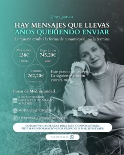 Mucha gente piensa que la mediumnidad es un tema solo para quien ya perdió a alguien. En realidad, también es para quien quiere entender mejor su propia sensibilidad, aunque nunca haya sentido nada "raro" antes.

Es una formación de 6 meses, con método y acompañamiento real, no una promesa vacía.

Quedan pocas plazas para esta convocatoria. Escríbeme por privado o por WhatsApp y te cuento cómo funciona.

#Mediumnidad #CursoDeMediumnidad #Espiritualidad #Medium #Videncia